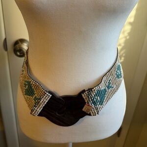 Beaded Belt with Carved Wooden Hook Buckle - NEW